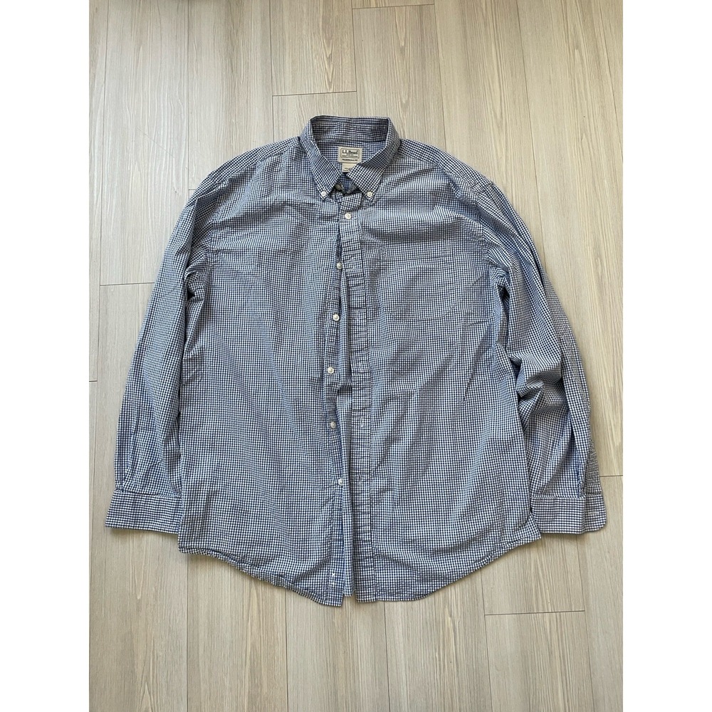 LL Bean Men's Blue and White Seersucker Long Sleeve Button Down Shirt Size Large